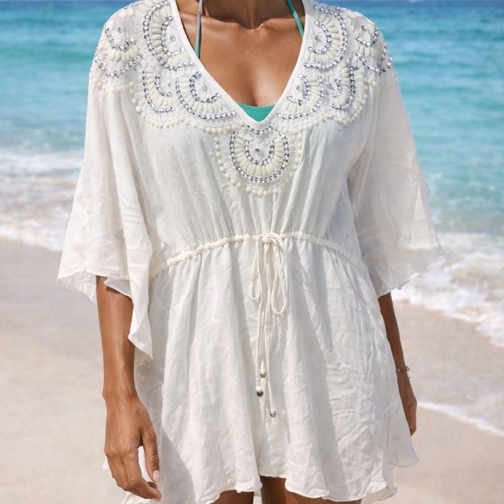 Ark‎ & Co Beaded Boho Swimsuit Cover-Up Embellished Tie Waist Size M